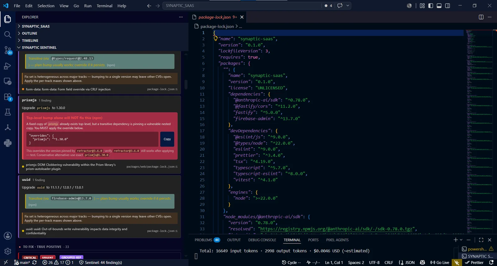 Panel de remediación advirtiendo que actualizar la dependencia de nivel superior no resuelve la vulnerabilidad, con el override exacto a aplicar